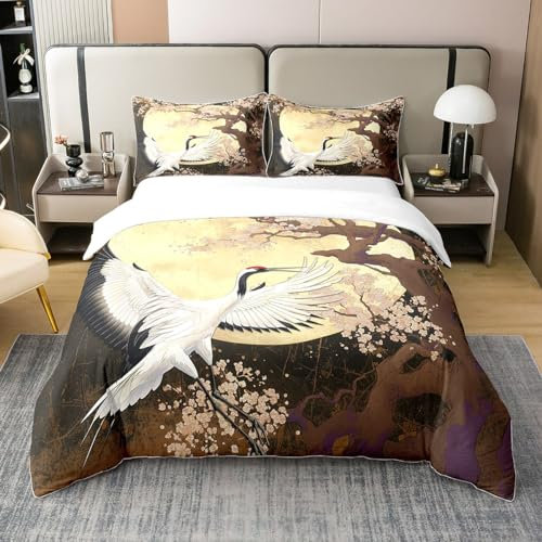 Homewish Coton Dentelle Grue Literie Set 240 x 260,Ukiyo E Japonais Ensemble Confort Fleurs Vintage avec Lune Housse de Couette Fleur de Cerisier Japonais Culture Asiatique Couette Toute La Saison