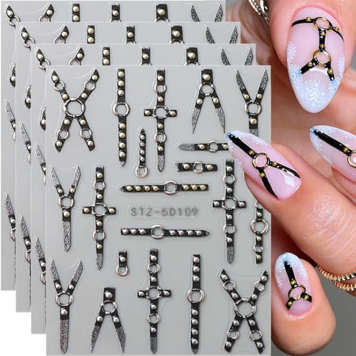 4 Blätter 5D Geprägt Gürtel Nagelsticker Selbstklebend,Punk Nail Design Gürtel Nail Sticker Y2K Relief Belt Nagel Sticker Cool Nageltattoos Deko Nageldesign Zubehör Nagel Zubehör Nailart