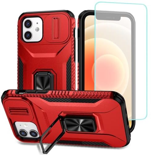 Wanyuexes Hülle für iPhone 12/für iPhone 12 Pro mit Schutzfolie, Kameraschutz Kartenschlitz, 360° Metall Ring Ständer Stoßfest Handyhülle für iPhone 12 Rote