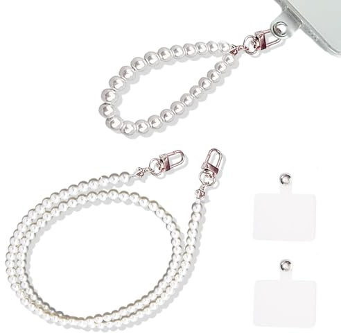 LURNODY 2 Piezas Cordones Movil Cuello, Pulsera de Teléfono, Colgante para Teléfono Móvil, Pequeños Colgantes para Decorar Teléfonos Móviles, Bolsos y Llaves (Perlas Blancas, Incluidos Espaciadores)
