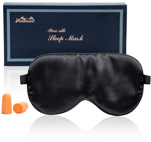 Viedouce Masque de Sommeil Boite Cadeau, Nuit Soie, 100% Soie Naturelle Occultant Ultra-Douce Voyage Yeux Sommeil, pour Dormir Soie,Masque Noir