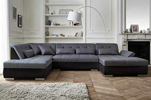 Lisa Design - Canapé Panoramique en U Gauche Vermont en Tissu - Grand Sofa XXL Gris 7 Places - Salon