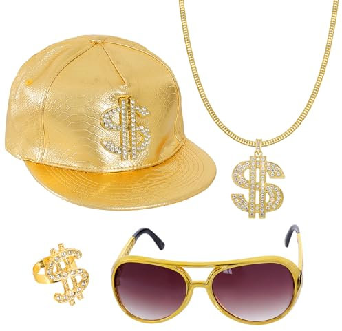jerbro 4er Fette Gangster Hip Hop Kostüm Set 70er 80er 90er Hustler Rapper Hut Sonnenbrille Disco Goldene Dollar Kette Ring Bad Taste Zuhälter für Cosplay Halloween Fasching Karneval Thema Party
