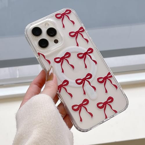 UEEBAI Magnetic for iPhone 14 Pro Max Case, Bow Case Compatible with MagSafe, Wireless Slim Clear Ribbon Aesthetic Phone Case Anti-Yellowing Shockproof Protective Cover for Women Girl - Burgundy