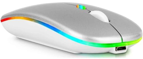 Wireless Slim Silent USB Rechargeable LED Mouse (2.4G USB), 10m Remote Range Noiseless Mini Mouse, Computer Ergonomic Design Cordless Mouses for Laptop Pc Desktop (Silver)