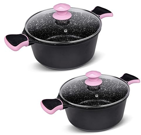 La Moustache - Set de 2 Cacerolas Altas Ø24/28 cm de Aluminio con Antiadherente, Batería de Cocina para Inducción, Tapa de Cristal y Asas de Silicona Ergonómicas para Todas las Cocinas (Negro/Rosa)