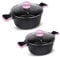 La Moustache - Set de 2 Cacerolas Altas Ø24/28 cm de Aluminio con Antiadherente, Batería de Cocina para Inducción, Tapa de Cristal y Asas de Silicona Ergonómicas para Todas las Cocinas (Negro/Rosa)