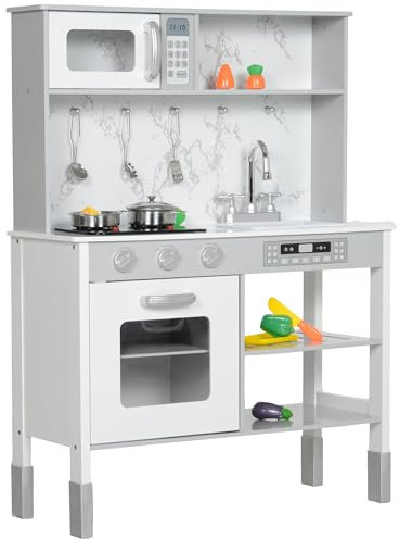 AIYAPLAY Kinderküche Spielküche mit Elektroherd, Mikrowelle, Spüle & Wasserhahn Spielzeugküche Puppenküche mit Kochgeschirrset Spielzeug für Kinder Geschenk für Mädchen Jungen 3-8 Jahren Weiß