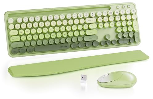 UBOTIE Ergonomische kabellose Tastatur und Maus mit Handy-Halterung, Handgelenkauflage, runde bunte Tasten, Netzschalter, 2,4 GHz USB-Empfänger, QWERTY-Layout in voller Größe für PC und Laptop, Grün