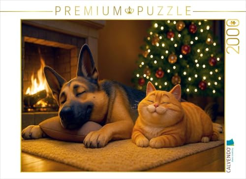 CALVENDO Puzzle Weihnachtsentspannung - Schäferhund und Katze am Kamin | 2000 Teile Lege-Größe 90 x 67 cm Foto-Puzzle für glückliche Stunden