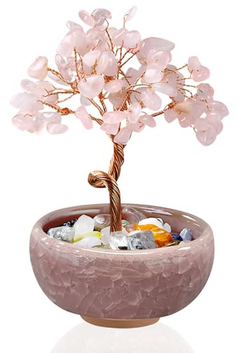 VLYX Albero della Vita in Cristallo di Quarzo Rosa Albero dei Soldi Fatto a Mano in Pietra preziosa Rosa per Decorare casa e Ufficio, Regalo di energia positiva per Le Donne