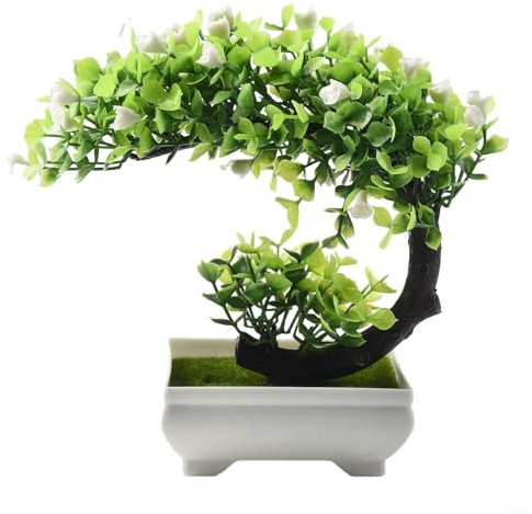 CYRENT Artificial Bonsai Tree in Pot, Realistic Small Bonsai Tree Fake Plant, Decorative Artificial Trees for Balcony, Home, Garden, Office Ornaments(White)