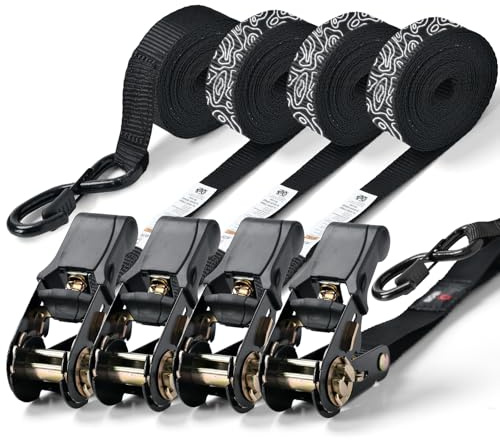 RIDEIRON Cinghie a Cricchetto Set 4 Pezzi – 1x15ft, Capacità 275 kg, Resistenza 827 kg – Cinghie di Fissaggio Lunghe GS con Ganci a S Rivestiti e Nastro Riflettente per Moto, Campeggio e Traslochi