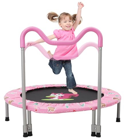 36 Trampolin Kinder mit Verstellbarer Abnehmbarer Griff und Sicherem Polster,bis 60 KG,Fitness Trampolin Faltbar,Indoor/Outdoor für Kinder von 3-6 Jahren,Rosa
