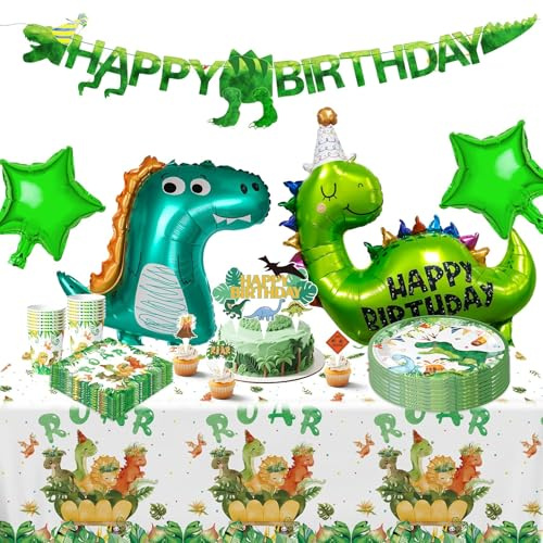 Juego de Vajilla de Dinosaurio, 91 Pcs Suministros de Fiesta de cumpleaños para 20 Personas Vajilla de Animales Dibujos animados Adornos para Tarta Bandera Globos Platos de Papel Vasos Servilletas y M