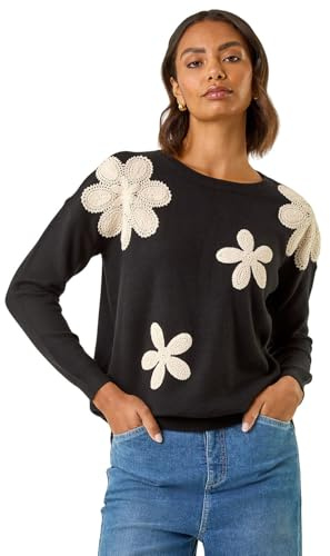 Roman Originals Women Embroidered Embellished Jumper - Ladies Round Neck Long Length Pretty Smart Casual Workwear Office Knitwear Sweatshirt Pullover