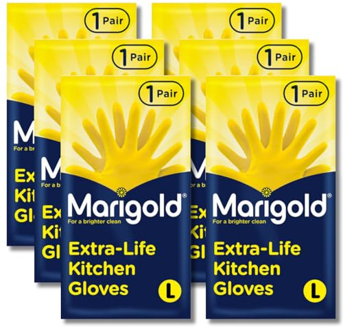 6 Pairs of Extra-Life Kitchen Cleaning Gloves | Roll-Top Cuffs Natural Rubber Latex Textured Grip Gloves with Cotton Lining for Dishwashing, Deep Cleaning & Household Cleaning | (Large) - Yellow