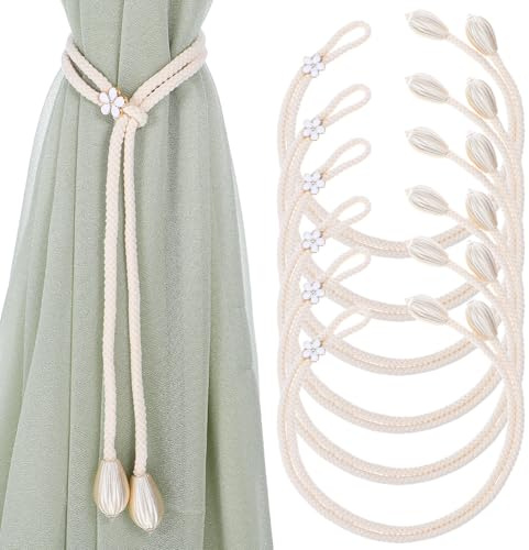LXUEJIE 6 Stück Vorhang Raffhalter Blumen, Verstellbare Gardinen Raffhalter Baumwolle Seil Vorhangbänder Vorhang Halter Gardinenhalter zur Dekoration von Wohnzimmer Büro Schlafzimmer Boho Deko (50 cm)