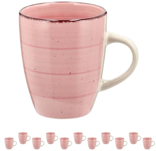 Kaffeebecher 12er Set | rosa 360ml 9x11cm Steingut | Bunte Tassen mit Henkel Tee Kaffee Glühwein | Keramiktasse für heisse Getränke (1 x 12er Set Becher rosa)