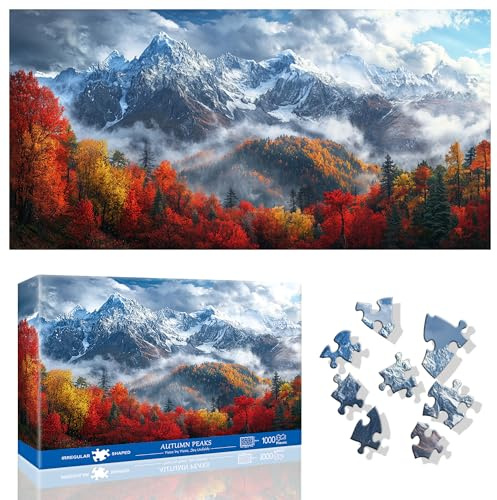 Ginfonr 1000 Piece Jigsaw Puzzles for Adults - AUTUMN PEAKS, Irregular Shaped Pieces for Challenging Fun, No Dust Classic Landscape Artistic Puzzle, Gifts for Family Game Night 31.5 x 16 inch