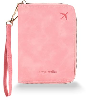 Zidoley Passport Holder Travel Wallet RFID Blocking, PU Leather Travel Document Organiser with Zipped Closure & Wrist Strap, Document Organiser, Holiday Travel Essentials for Men & Women (Pink)