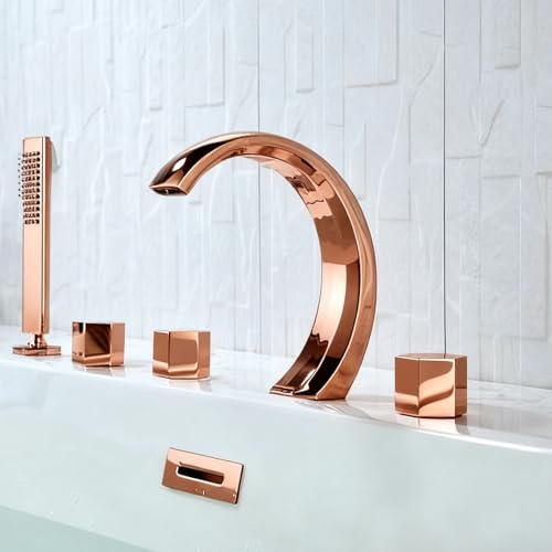 Bath Taps with Shower 5 Holes Brass Shower Mixer Tap-Rose Gold