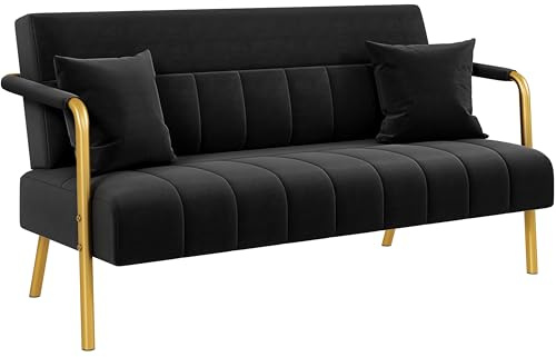 Yaheetech Polstersofa mit Armlehnen & Beine aus Metall Modernes Zweisitzer-Sofa mit 2 Lendenkissen Loveseat fürs Wohnzimmer, Heimbüro Schwarz