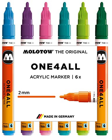 Molotow One4All 127HS Acryl Marker Basic-Set 2 (2,0 mm Strichstärke, hochdeckend und permanent, UV-beständig, für fast alle Untergründe) 6 Stück sortiert, beige