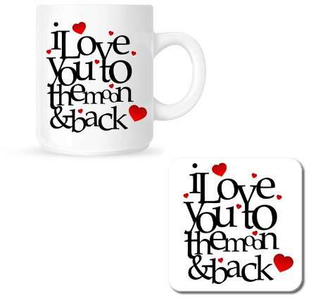 I Love You To The Moon & Back Gift Ceramic Mug & Wooden Coaster Set