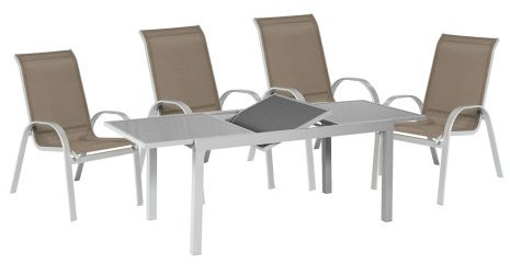 MERXX 5tlg. Amalfi Set, 4 Amalfi Stapelsessel, 1 Ausziehtisch, 160 (220) x 90 cm, Taupe