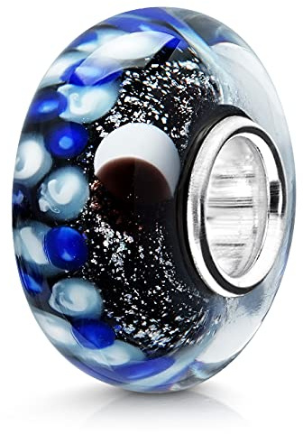 MATERIA by Matthias Wagner Glas Bead Mond Anhänger Moonlight blau schwarz mit Glitzer Sternen aus Silberfolie 486
