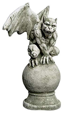 gartendekoparadies.de Gargoyle Drachen auf Kugel, Steinfigur, H. 37 cm, 7 kg, Grau, frostsicher aus Steinguss für Außenbereich
