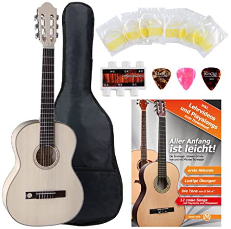 VGS Pro Natura Silver 3/4 Konzertgitarre Starter Set (Massive Fichtendecke, Boden und Zargen: Ahorn, Set inkl. Tasche, Gitarrenschule, Stimmpfeife, 3 Plektren & 1 Satz Saiten) Seidenmatt