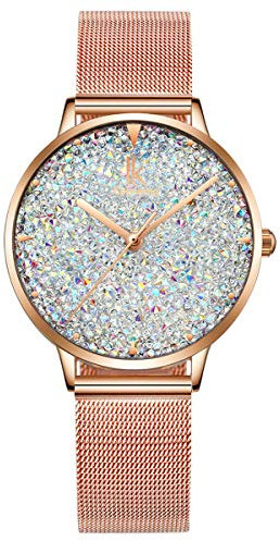 Alienwork Armbanduhr Damen Roségold Metall Mesh Armband Edelstahl Weiss Strass-Steinen Glitzer Elegant