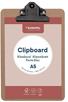 EUROPEL Klemmbrett aus MDF, A5, Hochformat, FSC-zertifiziert, MDF, mit schwarzem Metallclip, für Klassenzimmer, Büro, Geschäft, Restaurant, Lager, 230x160x3mm