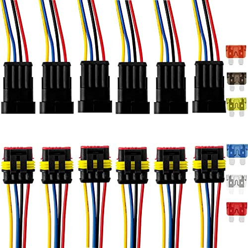 VISSQH 6 Kits Imperméable à l'eau Connecteur 12V Voiture,Connecteurs Electriques DC 12V, 4 Pin Connecteurs de Fil Électrique,Électrique Prise Mâle et Femelle, pour voiture, moto, scooter