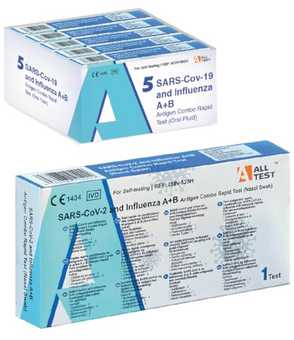 ALLTEST 5 Tamponi Rapidi combo Covid 19 + influenza A - B, Kit Rapido Tampone per l'Antigene SARS-COV-2 + influenza - 5 pz | Esito in quindici minuti – Autodiagnostico per uso privato – Confezione singola – Per viaggio e casa