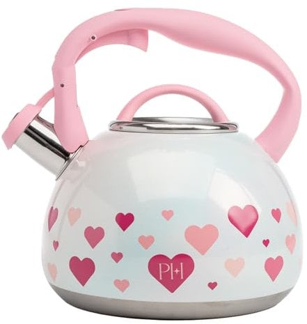 Paris Hilton Whistling Stovetop Tea Kettle, Stainless Steel with Iridescent Heart Design, Soft Touch Handle, 2.5-Quart, Iridescent