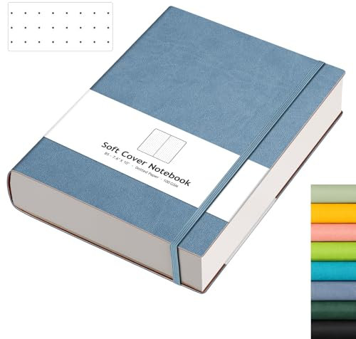 AHGXG Bullet Dotted Journal – 320 Seiten Punktraster Notizbuch B5 großes Tagebuch, 100 g/m² dickes gepunktetes Papier, Leder-Softcover, mit Tagebuch-Schablonen, Innentasche, 19 x 25,4 cm – Graublau