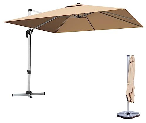 SFAREST 3M Patio Offset Umbrella, 360° Rotating Garden Parasol with Cross Base and Crank Handle, Tilting Outdoor Square Cantilever Umbrella for Beach, Garden, Market (Beige)