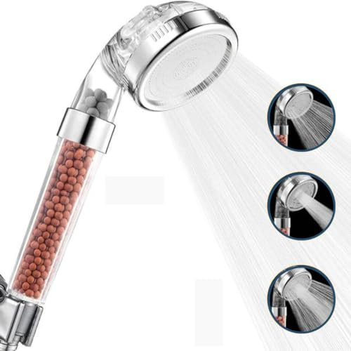 Max Star Alcachofa de Ducha Iónica Piedras Minerales Alta Presión Antical Ahorro de Agua Grifo 3 Modos de Chorro Potente Portátil Cabezal de Ducha Desmontable Efecto Spa (1 Alcachofa Ducha Baño)