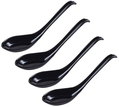JIHUOO 8 Pcs Black Chinese Soup Spoons Japanese Ramen Spoons Noodle Eating Spoons Reusable Rice Spoons Flat Bottom Dinner Spoons for Home Kitchen