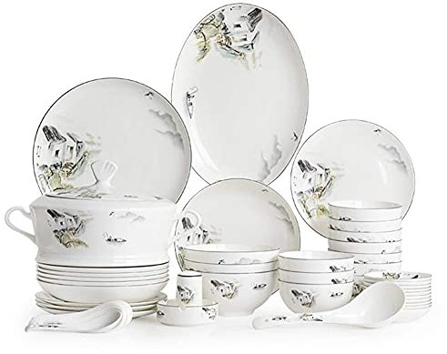 OrLtL Vajilla de cerámica, Juegos de vajilla de Lujo de 60 Piezas, Juegos de Cena con Paisaje, combinación Completa de Porcelana, Platos/cucharas/cucharas/Olla de Sopa
