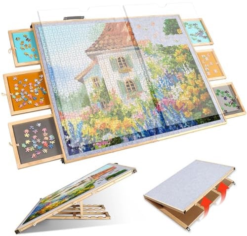 Kalolary Puzzle-Brett, 2000 Teile Verstellbares Faltbares Rutschfestes Puzzlebrett mit 6 Schubladen und 2 Staubschutzmatte, Tragbarer Puzzlebrett mit Griff für Maximalen Puzzlespaß
