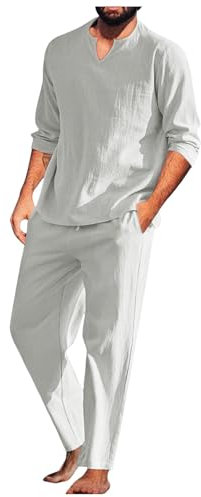 Zweiteiler Herren Leinenanzug Sommer Freizeitanzug Einfarbig 2-teilig Langarm Henley Hemd und Strandhose Yoga Set Beach Shirt Kurze Hose Outfits Baumwolle Leinen Anzug für Urlaub Strand Alltag