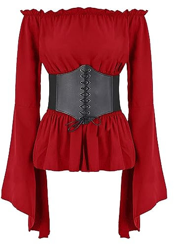 ABEHIK Damen Mittelalter Oberteil f�r Frauen Gothic Renaissance Bluse Langarm Trachtenbluse mit Trompeten�rmel Schulterfrei Shoulder Shirt