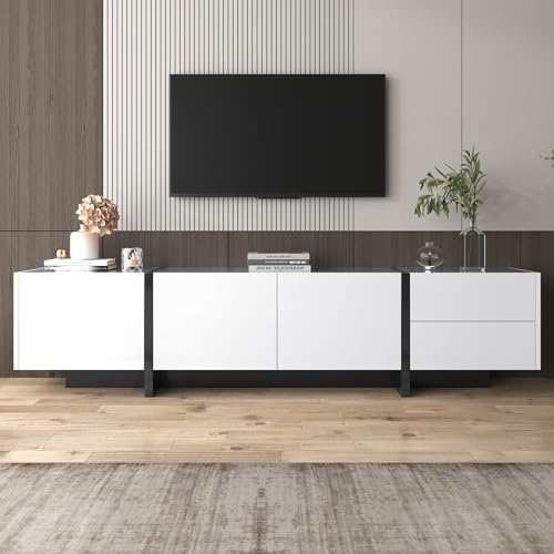 Mueble de TV con patas bloqueadas de color blanco brillante y negro, con puertas y cajones, puertas con estantes, diseño de líneas simples.