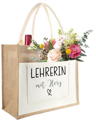 Tarklanda Jutetasche Lehrerin mit Herz, Jute Shopper Bag als Dankesgeschenk Abschiedsgeschenk für Lehrer Frauen, Jute Einkaufstasche Abschied, Danke Geschenk für Lehrerin