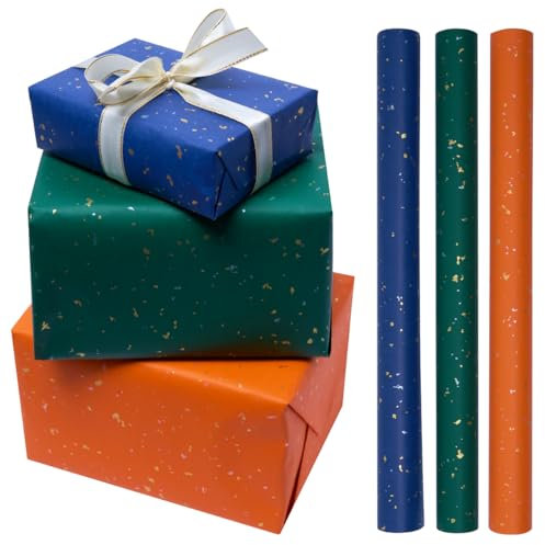 Lot de 3 rouleaux de papier cadeau d'anniversaire, 43 cm x 3 m, bleu, vert et orange, idéal pour décorer vos cadeaux d'anniversaire, de fête, de mariage ou de festival