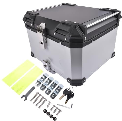 GLOSSY AUTO PARTS 55L Silber Universal Motorrad Top Box Gepäck Hinten Lagerung Case Aluminium Legierung Schwanz Trunk Wasserdicht